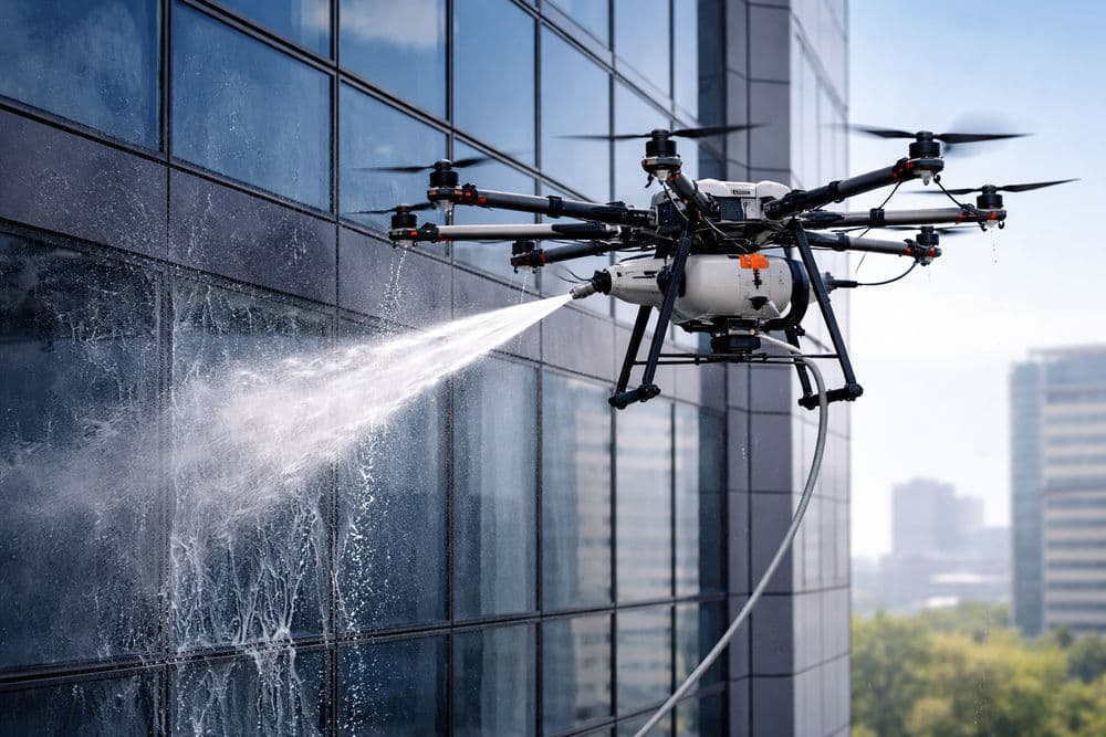 Drone cleaning windows on a modern skyscraper, showcasing advanced cleaning technology.