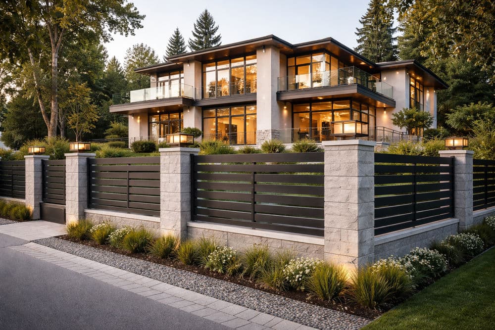 Modern luxury home with large windows, lush landscaping, and sleek architectural design.
