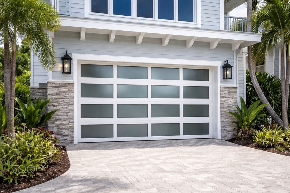 Modern home exterior featuring a glass-paneled garage door with landscaping and stone details.