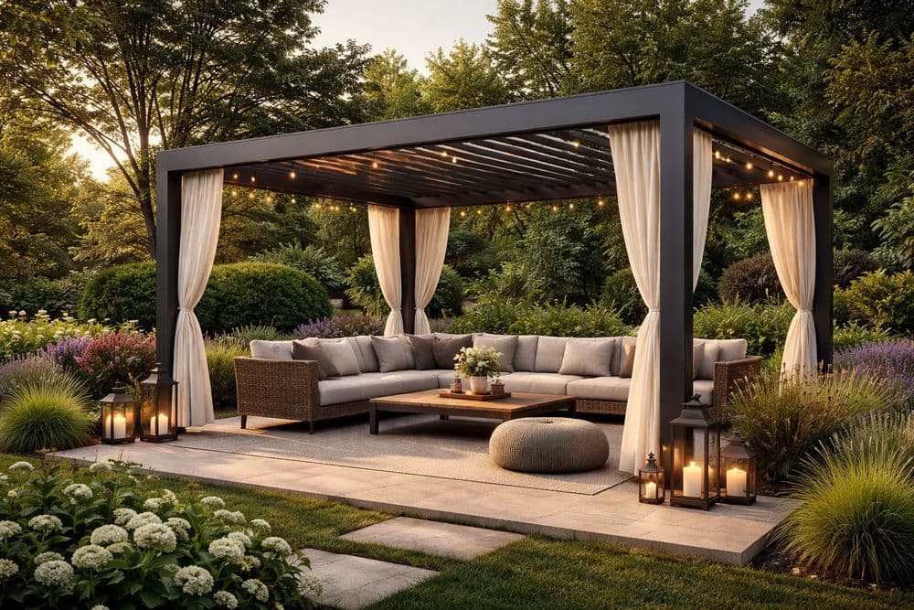 Elegant outdoor patio with a modern pergola, comfortable seating, and soft lighting at sunset.