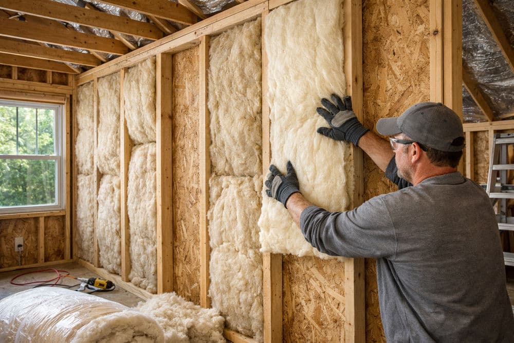 Man installing insulation in a home during construction, wearing gloves and safety glasses.