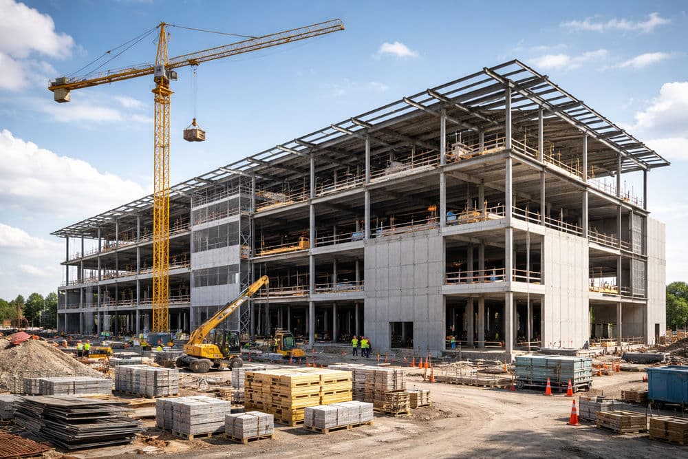 Construction site with a building under construction, crane, machinery, and workers.